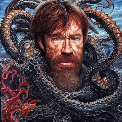 Image similar to uhd photorealistic detailed image of chuck norris fighting lovecraftian cthulhu by ayami kojima amano, karol bak, correct face