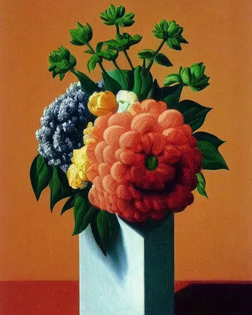 Prompt: a vase of flowers by rene magritte, rene magritte, and rene magritte