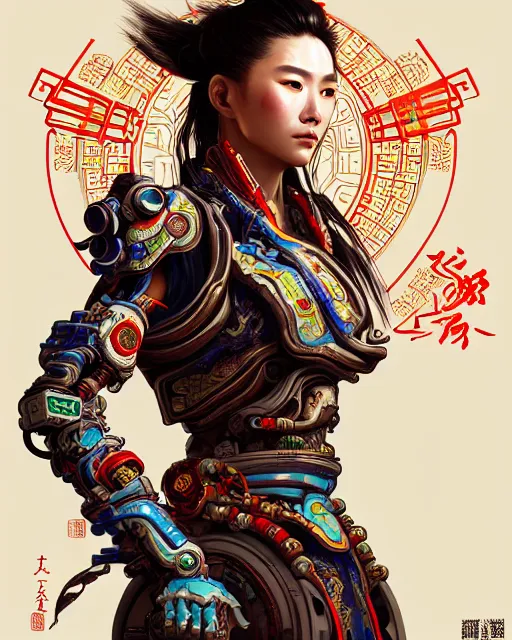 Image similar to portrait of a chinese cyberpunk machine horizon zero dawn, machine face, robed upper half portrait decorated with chinese opera motifs regal royal fierce machine robot cyberpunk fine china wuxia traditional chinese art intricate intense elegant highly detailed digital painting artstation illustration, art by artgerm and greg rutkowski alphonse mucha 8 k