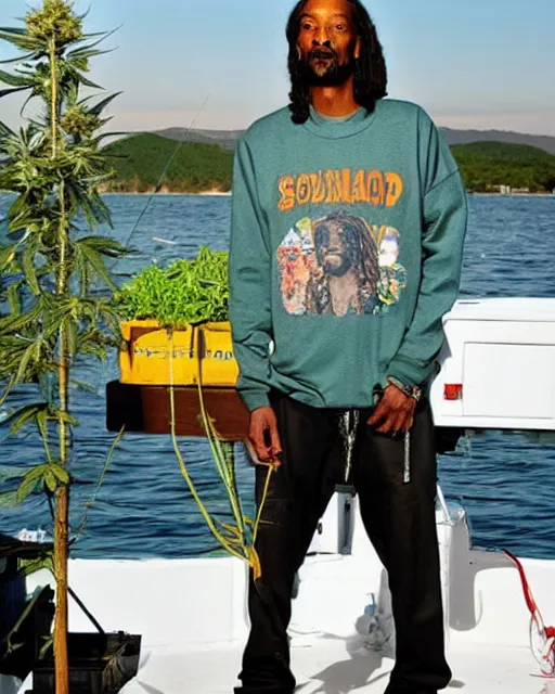 Image similar to A photo of Snoop Dogg standing on a fishing boat with cannabis plants in the background