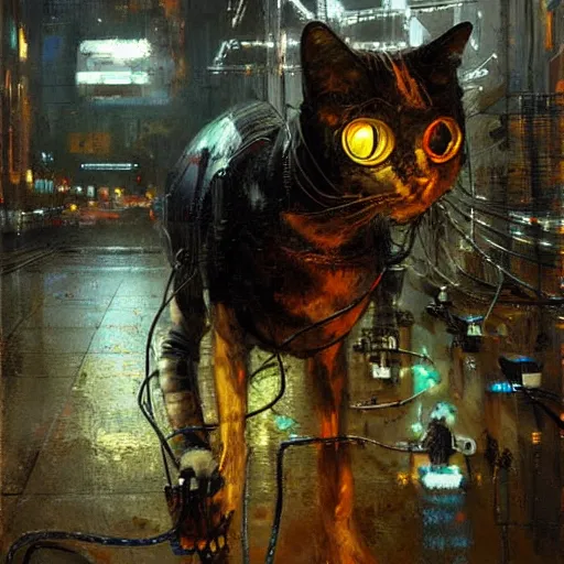 Image similar to robot cyborg cat, many wires and neon lights exposed, metal and glowing eyes, highly detailed painting by jeremy mann