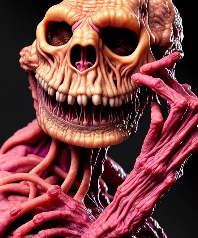 Image similar to hyperrealistic rendering, cronenberg flesh monster skeletor by art of skinner and richard corben and jeff easley, product photography, action figure, sofubi, studio lighting, colored gels