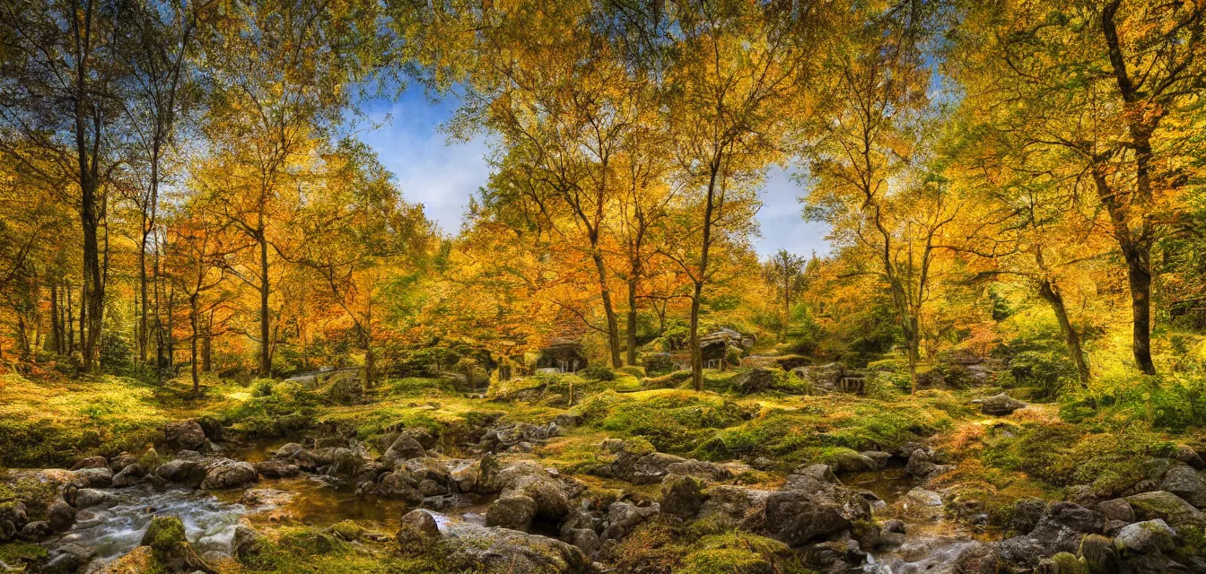 Image similar to stone cottages underneath a dense tall forest, pristine ponds. bodyscapes. fine painting intricate brush strokes, bright depth oil colors. 2 8 mm perspective multisourced photography by araken alcantara. intense promiseful happiness, autumn sunrise warm hdri forest light