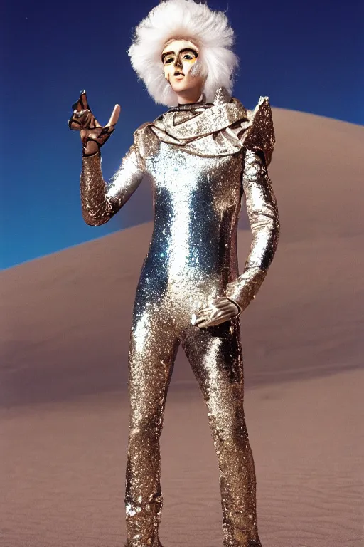 Image similar to portrait davis taylor brown dressed in 1 9 8 1 space fantasy fashion, avante garde, shiny metal, standing in a desert