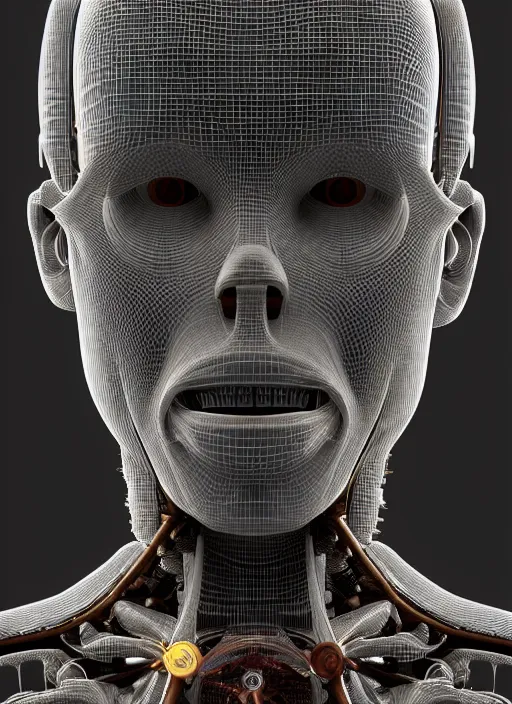 Image similar to portrait photography of desperate human connected to biomechanical machine, masterpiece, clean 3 d render, seamless