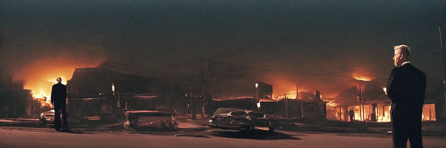 Image similar to 3 5 mm medium format photo, cinema still from david lynch movie, sleazy man watching night streets while a single house burns in the background of suburbia, haze, americana, high production value, 8 k resolution, hyperrealistic, hdr, photorealistic, high definition, high details, tehnicolor, award - winning photography, masterpiece, amazing colors