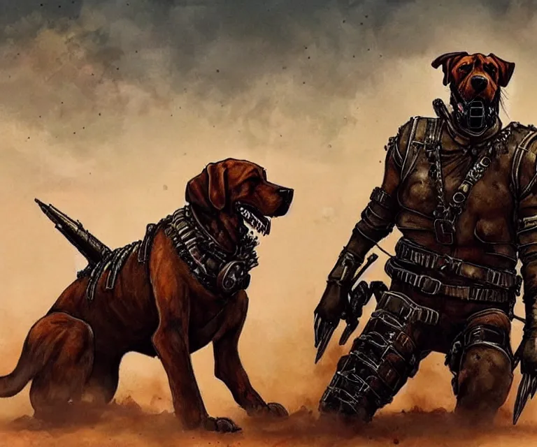 Image similar to a good ol'bloodhound dog fursona ( from the furry fandom ), heavily armed and armored facing down armageddon in a dark and gritty version from the makers of mad max : fury road. witness me.