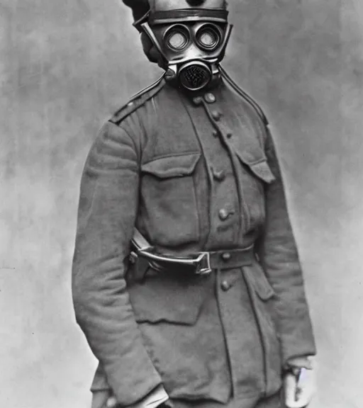 Prompt: person wearing gas mask, ww1 technicolor film photo, grainy, high detail, high resolution