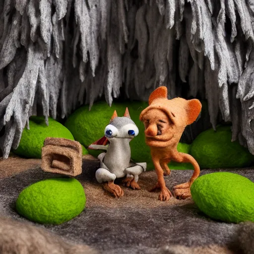 Image similar to high - res photograph of a claymation sculpture action figure cute fluffy critters, highly detailed sculpey diorama, forest setting, waterfall backdrop, realistic materials, wood, felt, cloth, burlap, smooth, sharp foccus, commercial product photography,