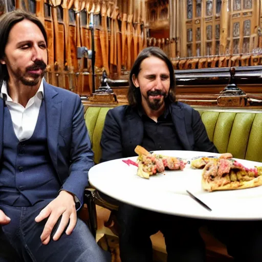 Image similar to pablo iglesias and santiago abascal sharing a kebab in the houses of parliament