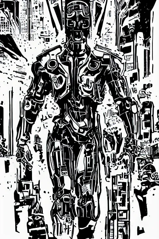 Image similar to ultron standing heroically, a page from cyberpunk 2 0 2 0, style of paolo parente, style of mike jackson, 1 9 9 0 s comic book style, white background, ink drawing, black and white