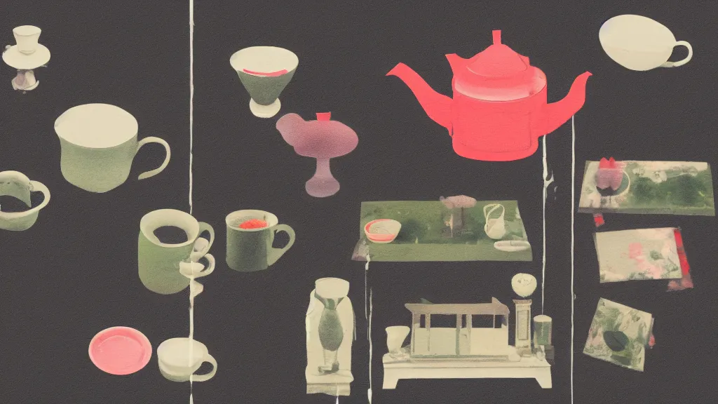 Image similar to a small tea setting, japan, a collage painting, in the style of wes anderson, lola dupre, david hockney, isolated on negative white space background dark monochrome neon spraypaint accents volumetric octane render