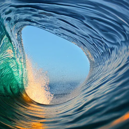 Prompt: 4k resolution, through the tube of a wave at sunset, 55mm lens