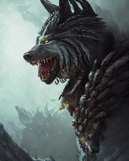 Image similar to Wolf, Anthropomorphized, as warlord general on skull throne, dark fur, evil, glowing eyes, magic the gathering artwork, D&D, fantasy, cinematic lighting, centered, symmetrical, highly detailed, digital painting, artstation, concept art, smooth, sharp focus, illustration, volumetric lighting, epic Composition, 8k, art by Akihiko Yoshida and Greg Rutkowski and Craig Mullins, heroic pose, oil painting, cgsociety, Battlefield background, explosions, arrows