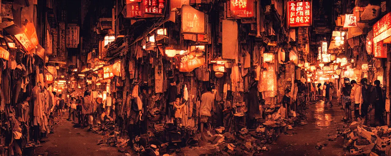 Prompt: digital painting, dynamic 28mm view of a crowded narrow alley in kowloon walled city, dirty, sodium lights,evening, tungstem color balance, cinestill, street photography