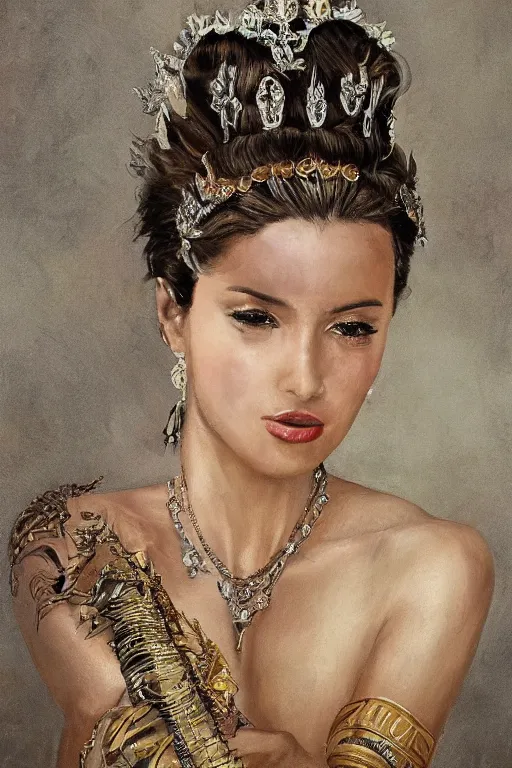 Prompt: expressive oil painting, of alluring romanian queen, seductive look, smirking, smooth glowing skin, glistening body, love, adoration, sweat, tattoos, ornate headpiece made of wool, glamour shot, by greg rutkowski, by jeremyg lipkinng, by artgerm, digital art, octane render, atmospheric aesthetic