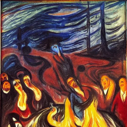 Prompt: insane dances around the campfire, oil painting expressionism edvard munch