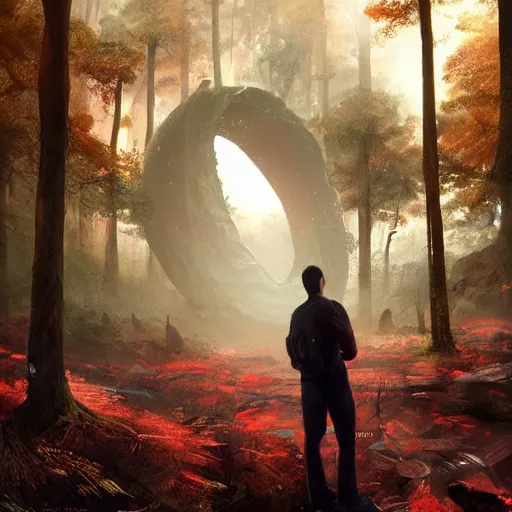 Prompt: a man standing in front of a portal in the middle of a forest, poster art by stephan martiniere, behance contest winner, sci - fi, reimagined by industrial light and magic, concept art