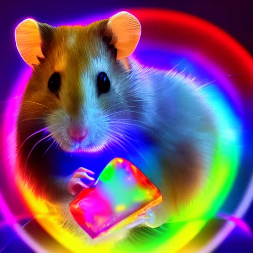 Image similar to cyberpunk hamster! holding rainbow! gem! crystal, neon lights, light reflection, 8 k, hd