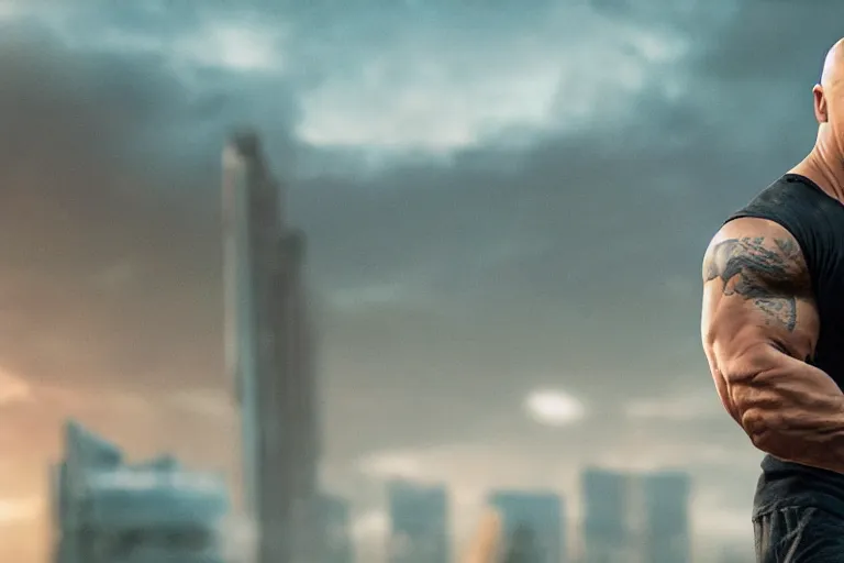 Prompt: vin diesel as dwayne johnson, low isometric perspective, cinematic still, movie still, long lens, shallow depth of field, bokeh, anamorphic lens flare, 8 k