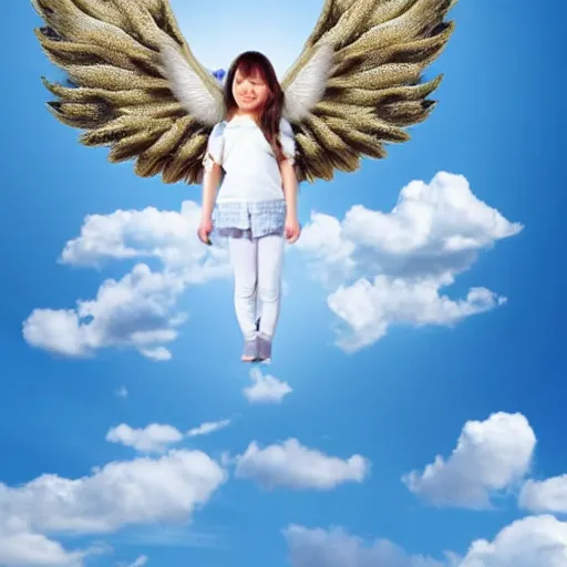 Image similar to bright blu sky. fluffy clouds. angels with big wings wake - up