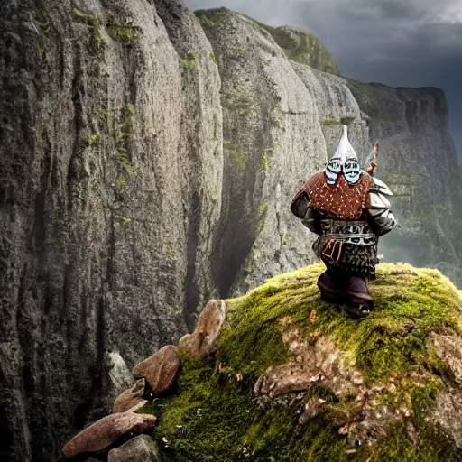 Prompt: A Dwarf clad in armor near the edge of a cliff that overlooks a small village, breathtaking shot, high details, medieval fantasy illustration, dark atmosphere