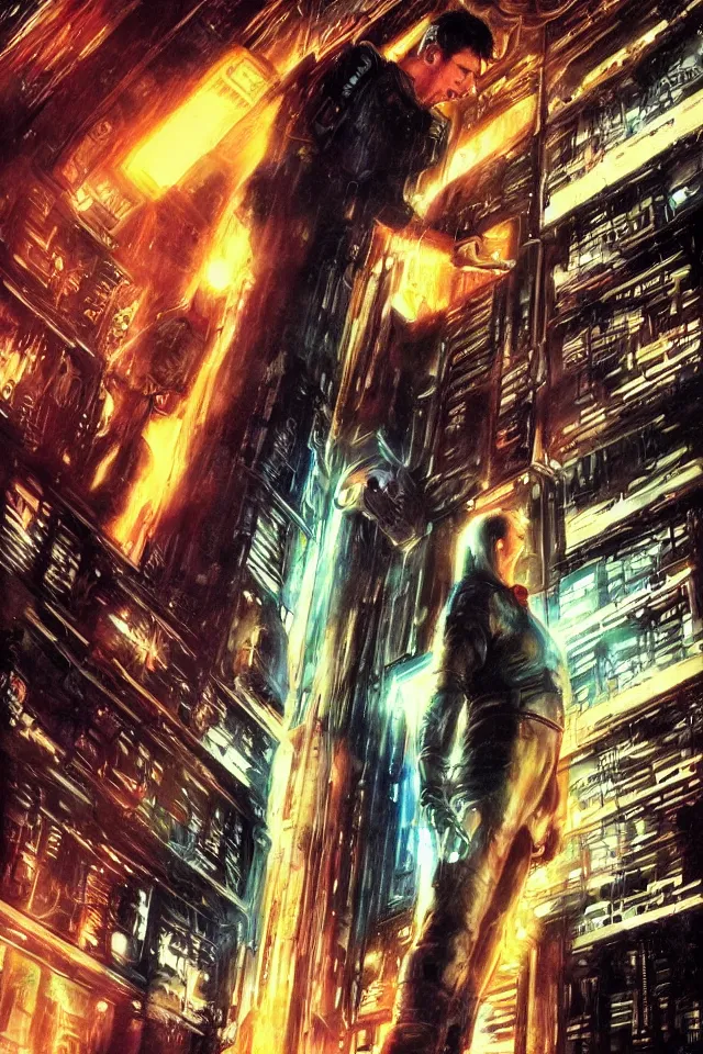 Prompt: artwork by Ridley Scott showing a android dreaming about electric sheep, cyberpunk, Blade Runner