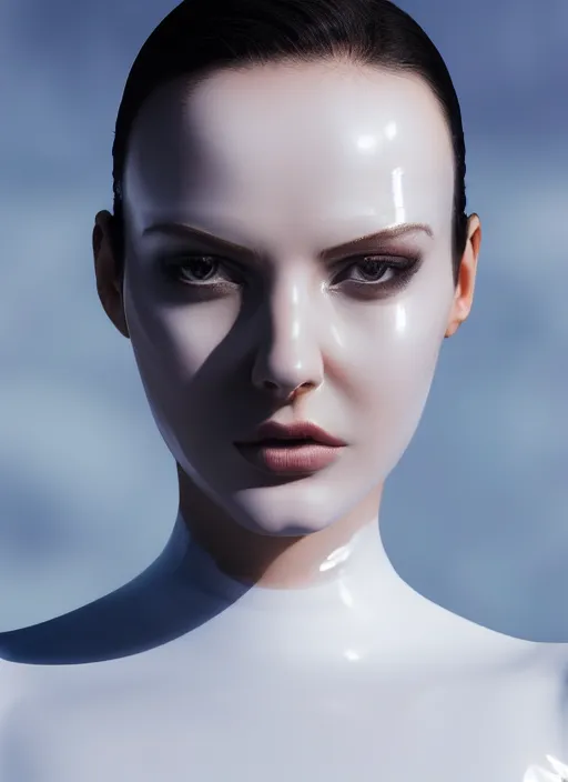 Prompt: top half of a fierce nubile young woman with reflections in her eyes and slicked hair, wearing futuristic white latex bodysuit and mask, clear skin, elegant, graceful, fashionable, cinematic, hyperdetailed illustration by irakli nadar and alexandre ferra, depth of field, global illumination,