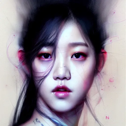 Image similar to jisoo of blackpink, hyperrealistic portrait, bladerunner street, by karol bak and agnes cecile, fantasy art, photo realistic, dynamic lighting, artstation, poster, volumetric lighting, very detailed face, intricate complexity, rule of thirds, 8 k, award winning