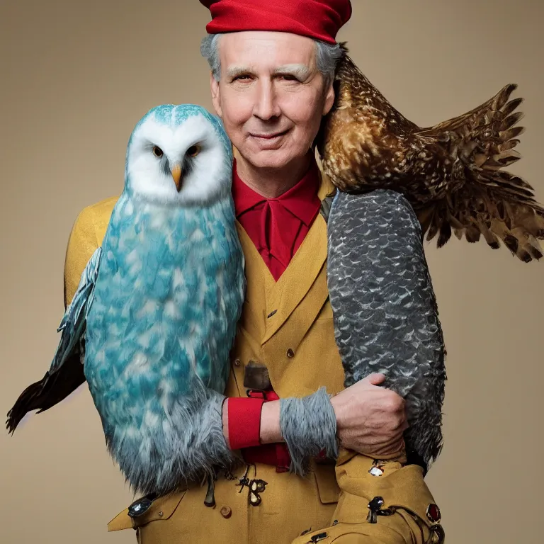 Image similar to high fashion photoshoot octane render portrait by wayne barlow and carlo crivelli and glenn fabry, a distinguished actor wearing a colorful wes anderson designed uniform and holding a snow owl inside a high - end exotic colorful pastel vintage boutique hotel lounge, very short depth of field, bokeh