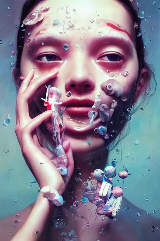 Prompt: 3 d, close - up, happy fashion model, plastic, tears, poster art, intricate oil painting, high detail, figurative art, multiple exposure, poster art, 3 d, by stanley kubrick and tooth wu and wlop and beeple