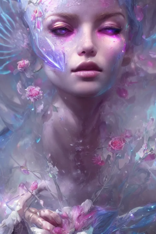 Image similar to face closeup of beautiful girl necromancer, magical fairy exploding into flowers and ice, angels, 3 d render, hyper - realistic detailed portrait, holding fire and electricity rainbow, ruan jia, wlop. scifi, fantasy, magic the gathering, hyper detailed, octane render, concept art, peter mohrbacher