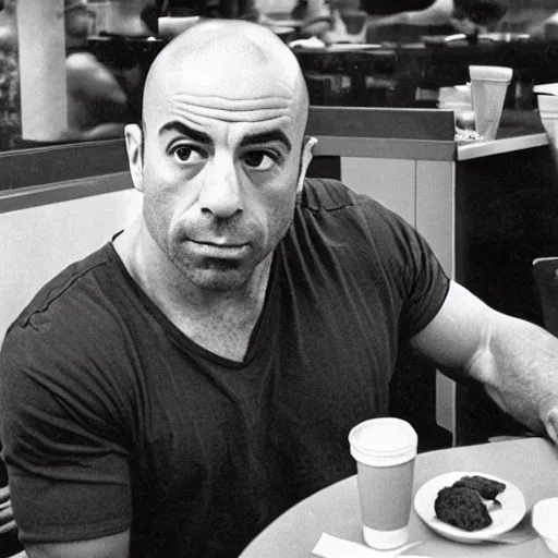 Image similar to joe rogan eating at a macdonalds restaurant, black and white photo by dianne arbus