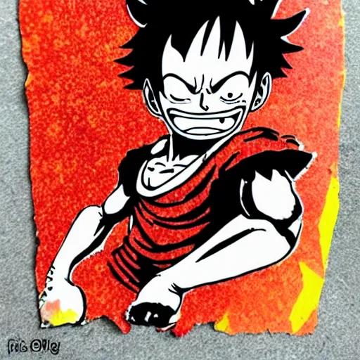 Image similar to die cut sticker, luffy gear 4, splatter paint on paper