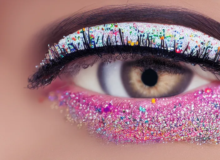 Prompt: high - end cosmetic photography of close up of eyes with sprinkles mascara