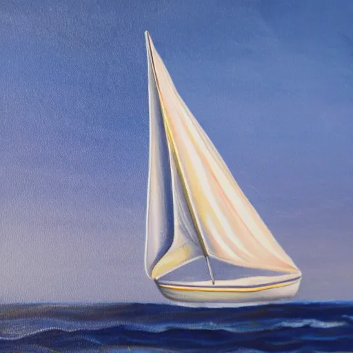 Prompt: a painting of a sailboat floating in the ocean, an ultrafine detailed painting by alice mason, shutterstock contest winner, metaphysical painting, detailed painting, airbrush art, made of crystals