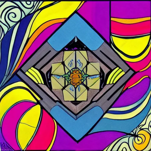 Prompt: beautiful painting of companion cube, art nouveau. gaudy colors. intricate linework. sharp edges.