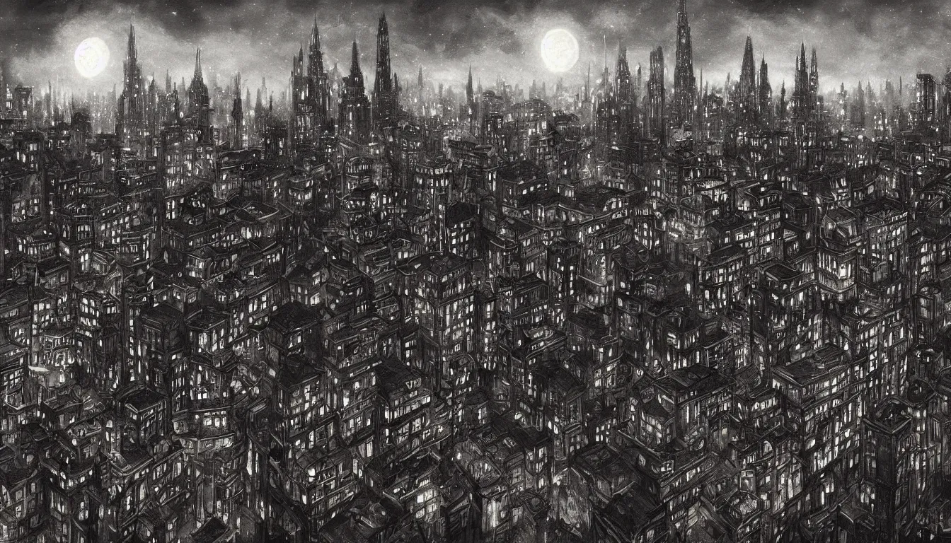 Prompt: victorian city with towers at night, black sky, award winning fantasy art