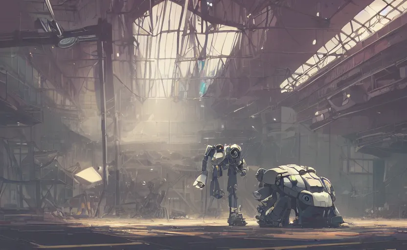 Image similar to a huge broken robot standing in a mess warehouse, crystal lights, sci - fi atmosphere, cel - shading, cinematic, artstation, studio ghibli, miyazaki, highly details