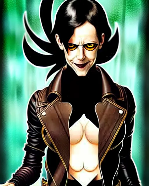 Image similar to Rafael Albuquerque comic cover art, artgerm, Joshua Middleton, pretty Eva Green vampire, sharp vampire teeth, sarcastic smile, symmetrical eyes, symmetrical face, brown leather jacket, jeans, long black hair, full body, building on fire, cool colors