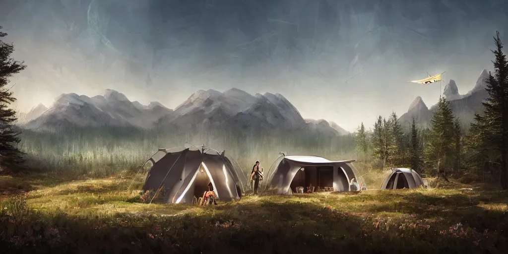 Image similar to cabela's tent futuristic pop up family pod, cabin, modular, person in foreground, mountainous forested wilderness open fields, beautiful views, painterly concept art, joanna gaines, environmental concept art, farmhouse, magnolia, concept art illustration by ross tran, by james gurney, by craig mullins, by greg rutkowski trending on artstation