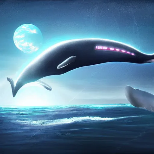 Image similar to a whale wistfully watching a futuristic spaceship fly away, sci-fi digital art illustration,