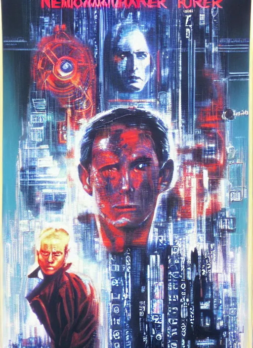 Prompt: 1 9 8 3 movie poster for neuromancer. oil on canvas. print.