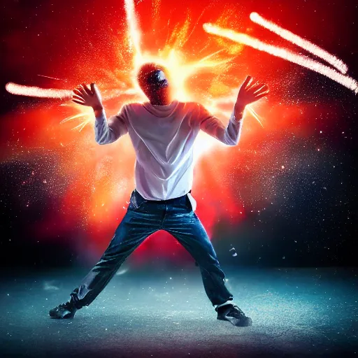 Prompt: man hitting the ground creating a explosion, anime, album cover, musical notes