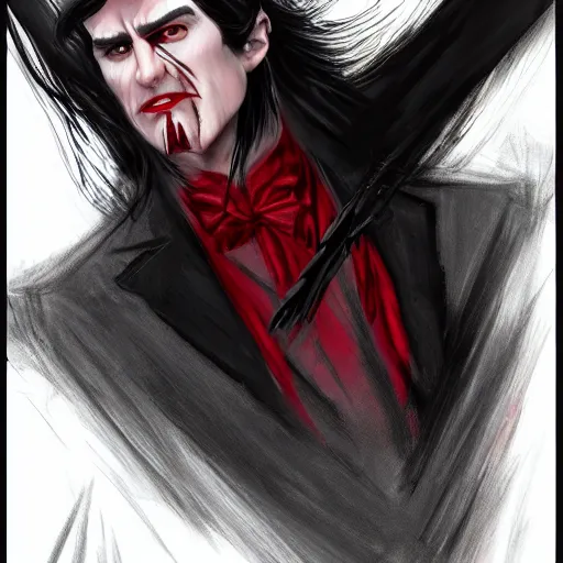 Image similar to a vampire, male, mid - 3 0 s aged, long, slicked black hair, clean shaven, in red and black, regal, high fantasy, realistic, highly detailed, concept art, 8 k.