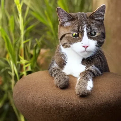 Premium AI Image  a cat with a straw hat on its head is laying on the  grass.