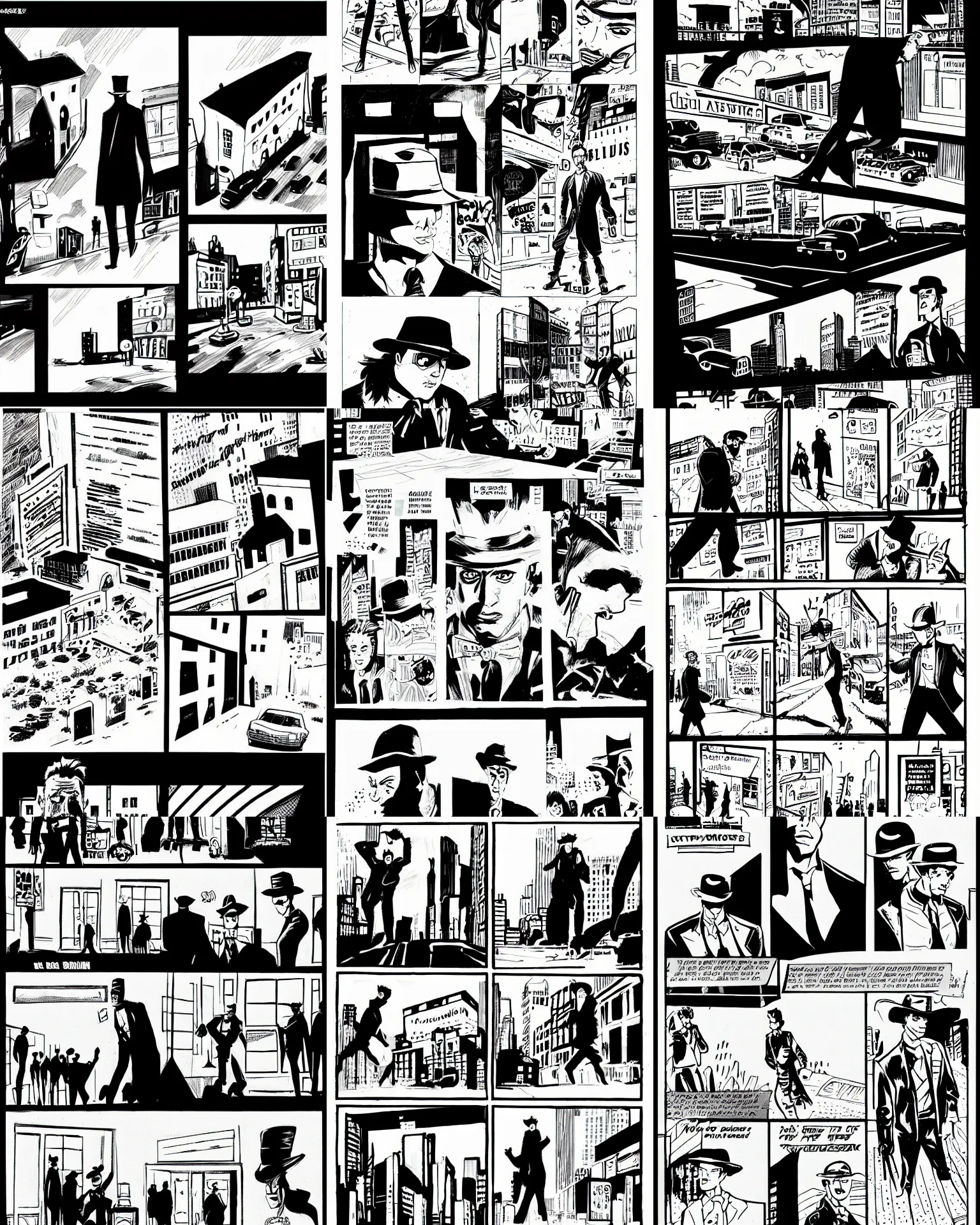 Prompt: a noir comic book page drawn with paint markers
