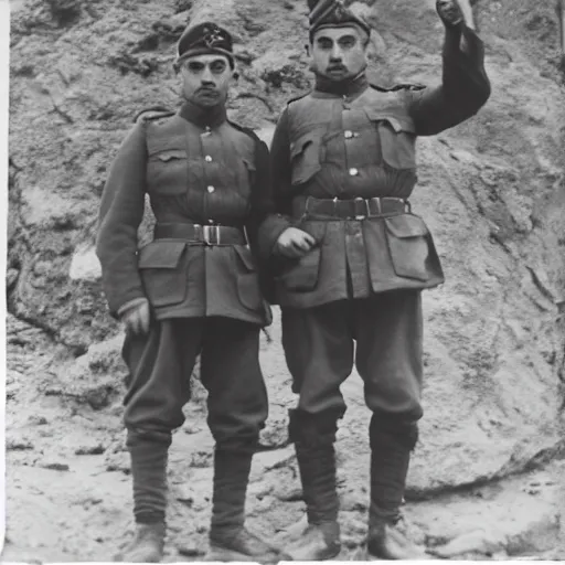 Prompt: 2 Armenian soldiers standing near a rock, 1936