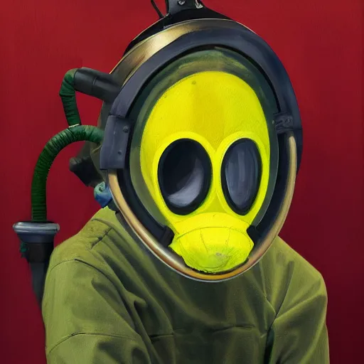 Prompt: teenager wearing a futuristic boiler suit and gas mask, stylised painting