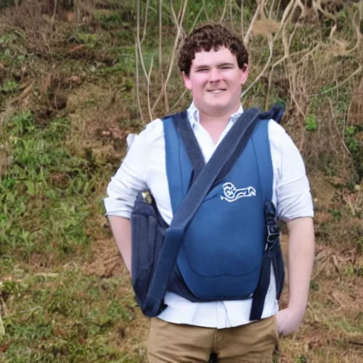 Image similar to pudgy british lad with short curly dark brown hair as a hobbit wearing a white men's crossbody sling chest bag and blue vest